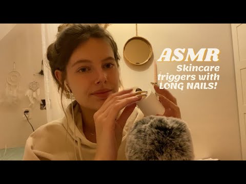 ASMR skincare triggers with long nails! (tapping, scratching, lid sounds, whispering)