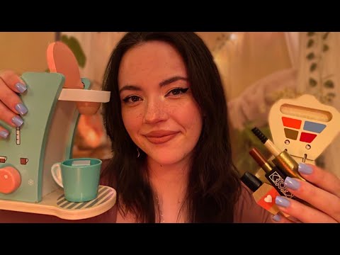ASMR Wooden Makeup Roleplay & Coffee Shop (pampering, hairbrushing, toys, layered sounds)
