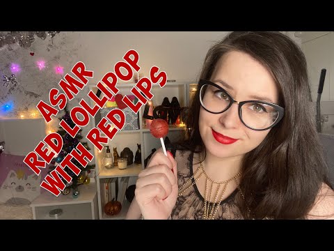 ASMR red lips + red lollipop and bubble gum in the end