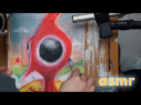 Painting a Pikmin | ASMR + Sketching and Oil Pastels | Art ASMR