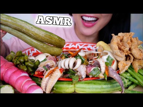 ASMR SPICY MIX SEAFOOD THAI SALAD + FRESH VEGGIES (EATING SOUNDS) LIGHT WHISPERS | SAS-ASMR