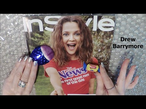 ASMR Gum Chewing Magazine Flip Through with Tingly Whispers and Spine Creasing | Drew Barrymore