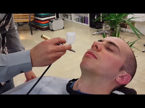 Relaxing Barber face Shave and Massage with Hyaluronic Acid Spray application ASMR Binaural