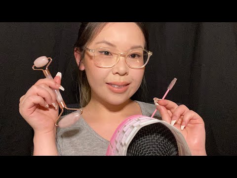 ASMR | Up-close PINK triggers- whispering, tapping, tongue clicking and more |