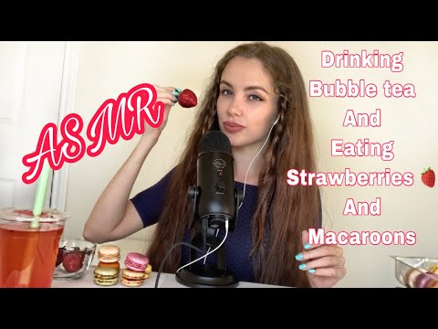 ASMR | EATING POPULAR FOODS FOR ASMR (MACAROONS, BUBBLE TEA, REAL STRAWBERRIES)