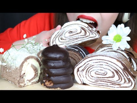ASMR CHOCOLATE CREPE ROLL CAKE & SWISS ROLLS (SOFT Eating Sounds) No Talking