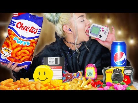 ASMR 90's FOOD! EDIBLE GAME BOY, KODAK CAMERA, TOMAGATCHI, FLOPPY DISK, BUGELS, GUSHERS, PEPSI!