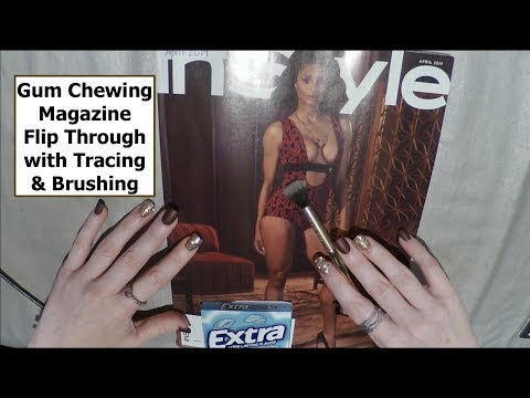 ASMR Gum Chewing Magazine Flip Through. Whisper, Brush, Tracing