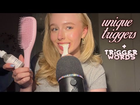 ASMR unique triggers & trigger words ~ mouth & lid sounds, hair brush, spoolie nibbling, sponge
