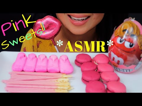 Pink 🍬 Sweets ASMR Peeps, Pocky, Raspberry & Passion Fruit Macaroons, Chocolates 먹방Christianna ASMR