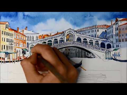 Painting of Venice.Time lapse video of watercolor painting