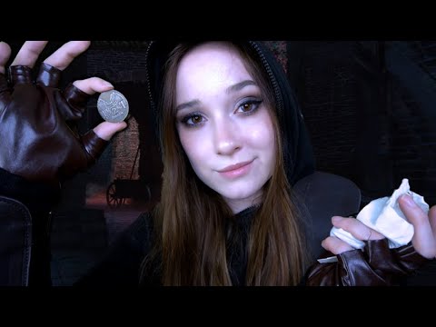 ASMR Pickpocket Shows You Her Loot (mesmerizing coins sounds, leather sounds, night ambiance)