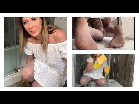 ASMR Shower Cleaning - Scrubbing and Washing The Shower Room Wet Pantyhose