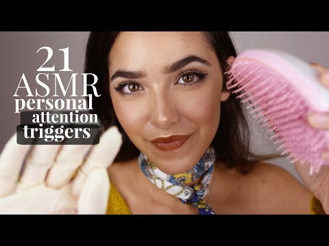 ASMR 21 Personal Attention Triggers  (Scalp massage, Haircut, Wet sounds, Face brushing, kisses..)
