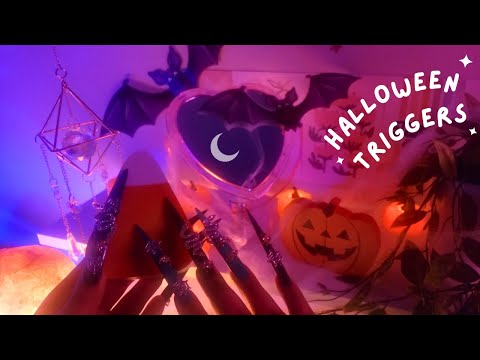 ASMR Halloween Triggers , Long Claw Nail Tapping, Camera Tapping, Tapping on Wood, Face Brushing