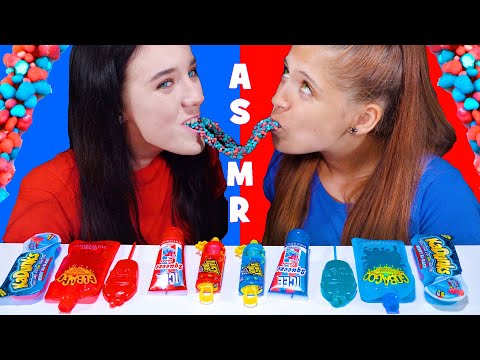 ASMR RED VS BLUE SOUR CANDY PARTY (GUMMY ICE CREAM, CHEWY DIPPERS, SQUEEZE CANDY)