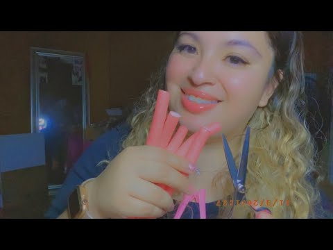 ASMR| Giving you a quick hair trim and curling your hair| Whispering, Gum chewing