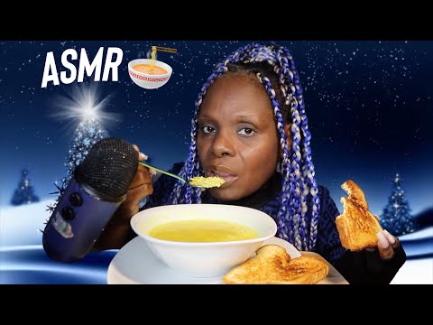 BOWL OF NOODLE SOUP WITH BUTTERY TOAST ASMR EATING SOUNDS