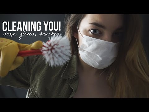 ASMR Cleaning You! Soap, Spray, Gloves, Unintelligible whispering [Binaural]