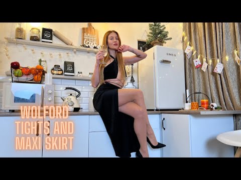 Wolford Pantyhose and Christmas Outfit Try On Haul. Nylon Tights, High Slit Skirt. Our Date ASMR