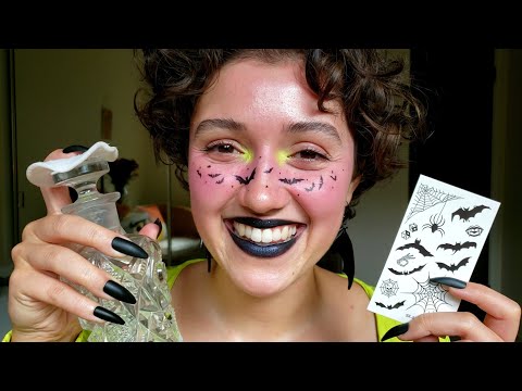 ASMR Doing My Spooky Makeup 💚 (Chatty GRWM, Halloween Makeup, Whispered, Tapping, Temporary Tattoos)