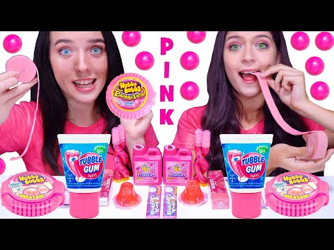 ASMR Pink One Color Food Mukbang (Hubba Bubba Race, Jelly Straws, Bubble Gum)