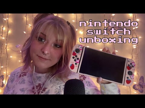 ASMR nintendo switch + strawberry accessories unboxing! long nail tapping and rambling 👾🍓