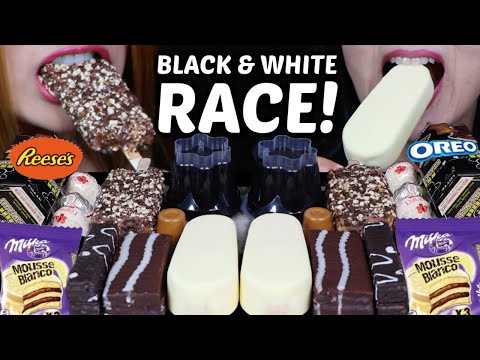 ASMR BLACK & WHITE DESSERT RACE! GIANT CHOCOLATE ICE CREAM, MILKA ALFAJOR, OREO, REESE'S, FERRERO 먹방