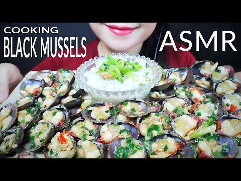 ASMR COOKING STIR FRIED BLACK MUSSELS WITH STARCH POWDER AND GREEN ONION EATING SOUNDS | LINH-ASMR