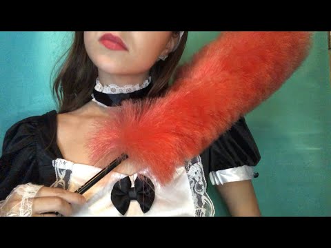 ASMR CLEANING YOU, dusts you, sprays you, wipes you, cute girl French maid roleplay👯‍♀️☺️
