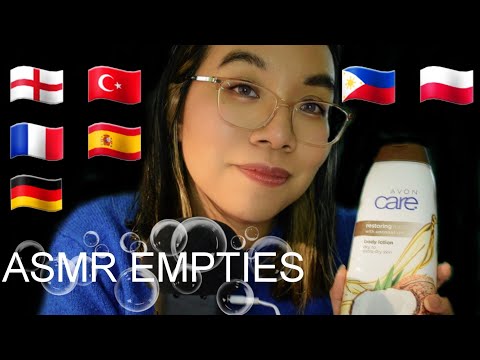 ASMR IN DIFFERENT LANGUAGES - PRODUCTS I'VE USED UP (Fast Tapping on Empties, Soft Speaking) 🧼🧽