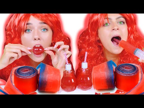 ASMR Eating Only One Color Food Red Jello Candy Race Mukbang