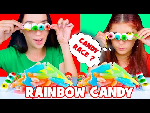 ASMR Rainbow Candy Race, Wax Candy, Jello, Gummy Eyeballs Mukbang