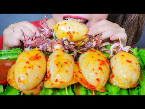 ASMR FRIED SQUID STUFFED WITH FIRE NOODLES X SPICY FISH SAUCE X BEAN EATING SOUNDS | LINH-ASMR