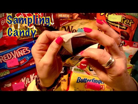ASMR Candy sampling (whispered) Trying subscribers favorites/plastic crinkles/chewing