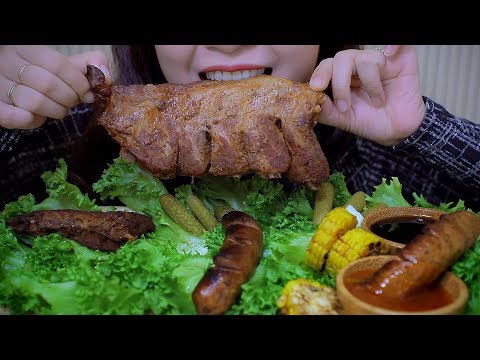ASMR Grilled baby pork back ribs and sausages , Chewy Crunchy EATING SOUNDS | LINH-ASMR