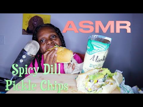 Miss Vickies Spicy Dill Pickle Chips With Tuna Sub ASMR Eating Sounds