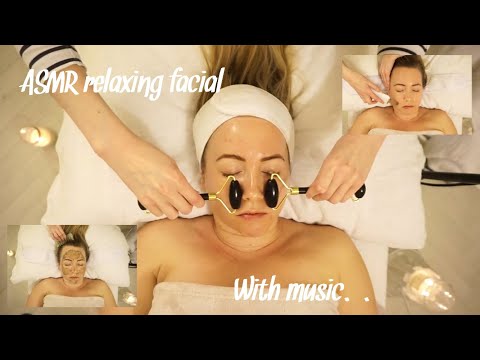 ASMR Detoxifying facial W/ Music| Ultrasonic scrubber (muted noise), Jade comb and obsidian rollers