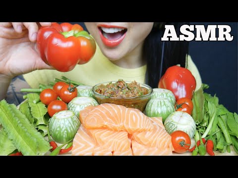 ASMR SPICY THAI DIPPING SAUCE + SALMON SASHIMI + FRESH VEGGIES (EATING SOUNDS) NO TALKING | SAS-ASMR