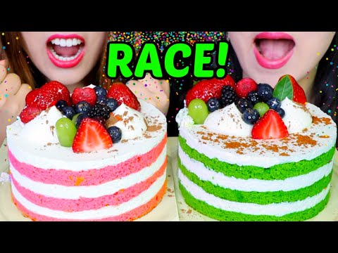 ASMR BIRTHDAY CAKE RACE EATING COMPETITION *MUKBANG CHALLENGE* GREEN TEA + STRAWBERRY CREAM CAKE 먹방