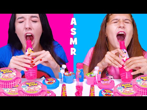 ASMR PINK AND BLUE CANDY PARTY (TWIST AND DRINK, HUBBA BUBBA RACE, SOUR SPRAY)