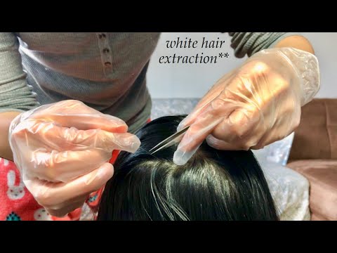ASMR Scalp Check! PLUCKING WHITE HAIRS w. Tweezers + Gloves!! *Extraction Satisfaction* HAHA!!