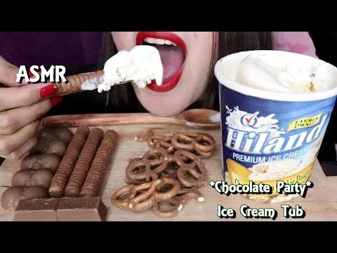 ASMR Eating Ice Cream Tub and Chocolate Party