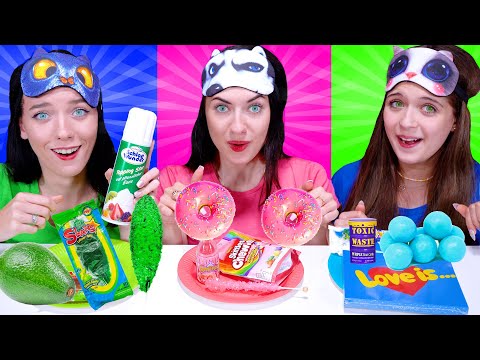ASMR Eating Only One Color Food Green, Pink and Blue Candy Race By LiLiBu