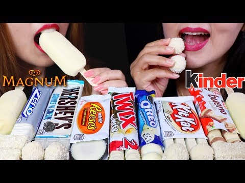 ASMR WHITE CHOCOLATE CANDY BARS (OREO, REESE'S, TWIX, KINDER, MAGNUM, KITKAT) 초콜릿 먹방 | Kim&Liz ASMR