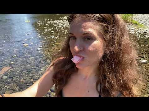 ASMR bubble gum & balloon blowing at the river