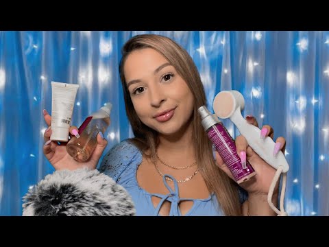 ASMR over explaining my skin care routine💙 whispers and tapping