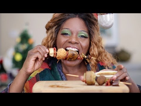 ASMR Teriyaki Bacon Meat Ball Potato Shish Kabob Eating Sounds
