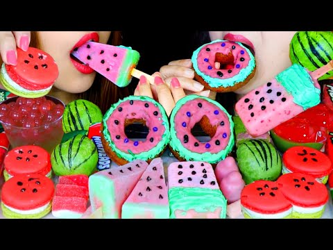 ASMR WATERMELON ICE CREAM BAR, CAKE, DONUTS, MACARONS, POPPING BOBA, JELLY, GUMMY CANDY, PUDDING 먹방