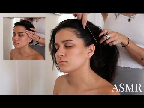 ASMR relaxing crisp hair play with shoulder + neck massage (chop sticks,braiding,combing,scratching)